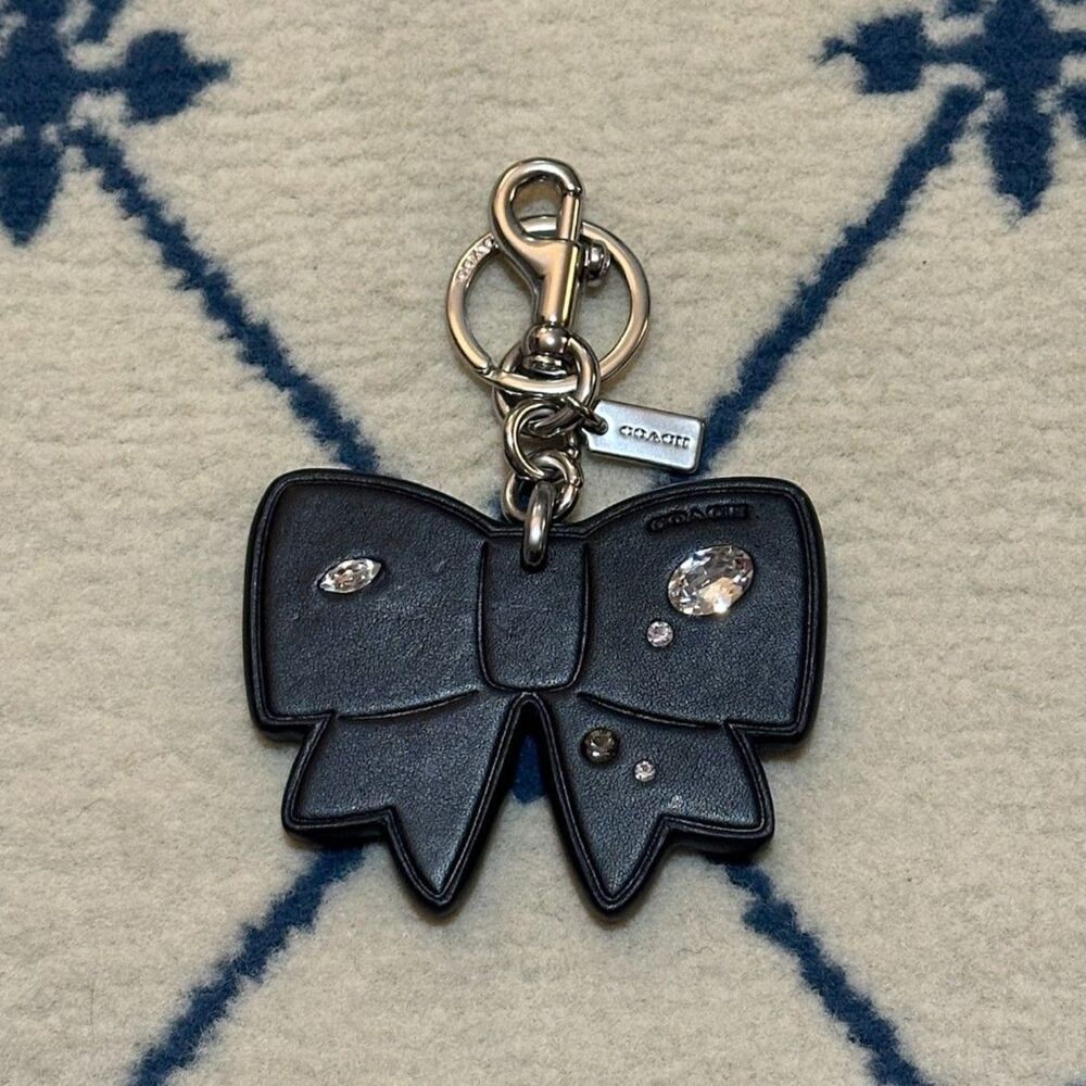 Coach Bow Leather Crystal Keychain Purse Charm Collectible - Black